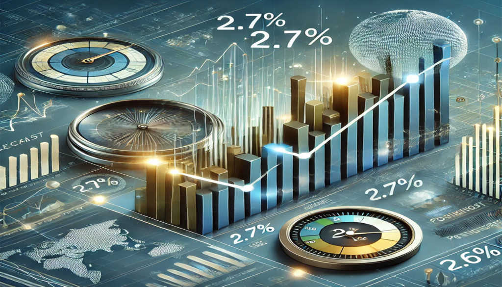 Economic data visualization depicting the Q3 2024 CPI actual value of 2.7%, in line with forecasts, highlighting productivity trends and market sentiment.